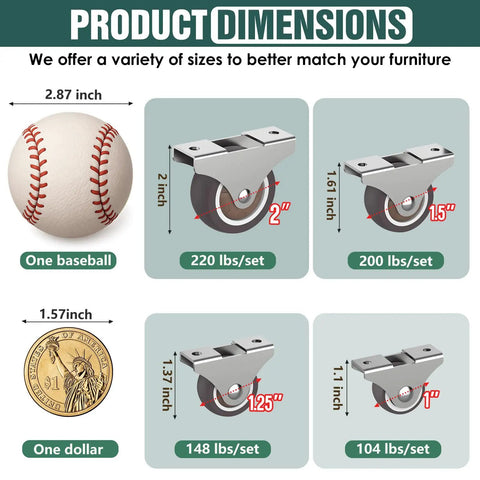 Product dimensions of Built Different One Inch Mini Caster Wheels Four Pack with size comparisons to baseball and dollar coin.