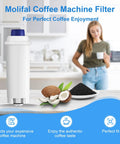 Molifal water filter cartridge for De'Longhi coffee machines, white body with blue top, front view.