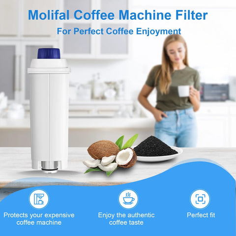 Molifal water filter cartridge for De'Longhi coffee machines, white body with blue top, front view.