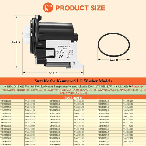 2026 Upgraded Washer Drain Pump Motor Replacement 4681EA2001T 4681EA1007G AP5328388 Durable Front Load Washer Pump For WM2101HW WM3270CW WM3431HS Plug And Play Easy Install Ready To Go, 4.17 x 3.73 in pump with 2.33 in seal