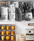 Sleek 9 Grid Wall Mounted Coffee Mug Display Rack, Solid Wooden Curio Shadow Box Shelf organizing colorful mugs and coffee supplies.