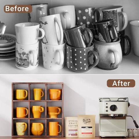 Sleek 9 Grid Wall Mounted Coffee Mug Display Rack, Solid Wooden Curio Shadow Box Shelf organizing colorful mugs and coffee supplies.