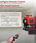 Heavy Duty 12 Line Green Laser Level With Slick Remote Control shows remote operation and touch controls for easy leveling tasks.