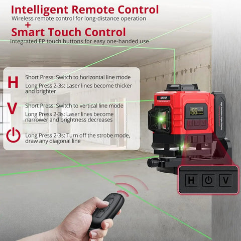 Heavy Duty 12 Line Green Laser Level With Slick Remote Control shows remote operation and touch controls for easy leveling tasks.