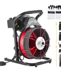 Heavy Duty Drain Cleaning Machine With 75 Ft Sewer Snake And 3/8 Inch Steel Core Auger, side view with tools and gloves.
