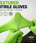 Tough As Nails 8 Mil Green Nitrile Disposable Industrial Work Gloves With Superior Grip Texture For Heavy Lifting And Daily Shop Grind Extra Large Size shown stretching with textured grip.