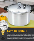Replacement pressure canner steam gauge for Presto; stainless steel canner with lid and two gauges shown.