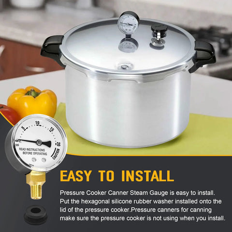 Replacement pressure canner steam gauge for Presto; stainless steel canner with lid and two gauges shown.