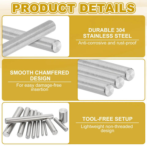 Tough As Nails 8mm X 60mm Stainless Steel Dowel Pins 6 Pack Heavy Duty Shelf Support Rods with smooth chamfered design.