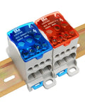 Two Pack Heavy Duty DIN Rail Power Distribution Block 80A With One Input Six Output Terminals Electrical Wire Connector Supports 14 To 6 AWG Wire For Home RV Marine Solar Automotive Industrial Wiring, blue and red