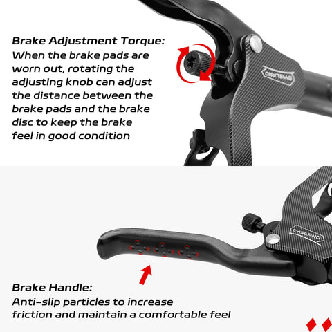 Close-up of High Performance Electric Scooter Hydraulic Disc Brake Kit showing brake adjustment torque and anti-slip brake handle.