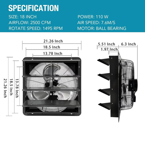 Beefy 18 Inch Shutter Exhaust Fan Wall Mounted Aluminum With 1.65 Meter Power Cord Kit dimensions and specifications image