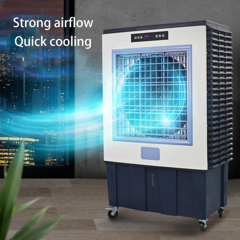 Beat The Heat Portable Swamp Cooler With Deep Water Tank delivering air blast; features strong airflow and quick cooling design.