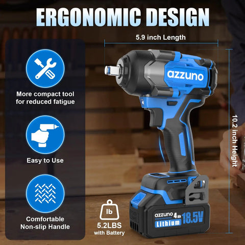 Built Damn Tough Brushless Cordless Impact Wrench 1000Nm Heavy Duty Power Half Inch Drive Kit with ergonomic design and 4Ah battery.