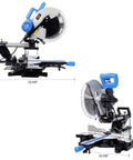 Heavy Duty Pro Grade Sliding Compound Miter Saw With 12 Inch 80 Tooth Blade And 15 Amp Motor Delivers Dual Bevel Versatility Dead On Laser Guide That Nails Wood Decking Panels Flawlessly, side view with dimensions 33-5/8" x 27".