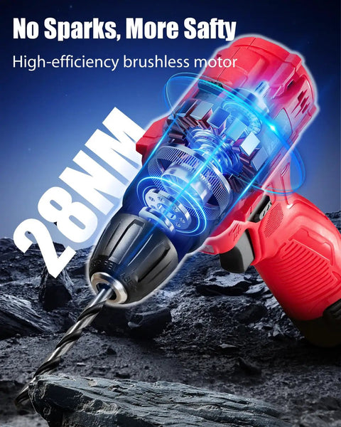 12V Brushless Cordless Drill Driver Set With 28 Nm Torque And 2.0Ah Battery For Home DIY Projects, Easy Handling, Quiet Operation, Spark Free Safety showing 28Nm brushless motor and drill bit
