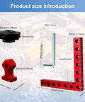 Product size introduction featuring Two-Piece 90 Degree Corner Clamps for Woodworking with detailed measurements.