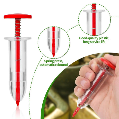 Ultra Handy Mini Seed Spreader Kit For Gardeners, Pocket Sized Seed Dispenser with red spring press handle in hand view