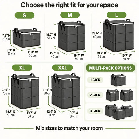 Heavy Duty Foldable Storage Bins With Tight Lids Super Spacious For Winter Throws And Pillows Big Handles Double Zipper Setup sizes chart with dimensions.