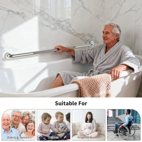Elderly man using 48 Inch Tough As Nails Shower Grab Bar Crafted From Heavy Duty Stainless Steel With A Knurled Anti Slip Coating To Keep Your Bathroom Handrail Rock Solid And Support Up To 500 Lbs Safely.