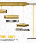 Front view of brass Rocaris 23-piece woodworking chamfer drilling tool kit with center punch, springs and adapters
