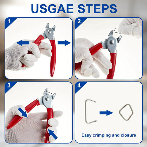 Instructions for using Hog Ring Pliers Kit With 300 Galvanized Rings, Pro Grade Straight And 45 Degree Bent Pliers, Red Set With Gloves.