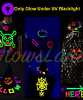 Neon UV blacklight reactive clothing and decorations glow under UV light, showcasing vibrant colors on dark fabric.