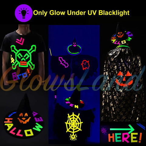 Neon UV blacklight reactive clothing and decorations glow under UV light, showcasing vibrant colors on dark fabric.