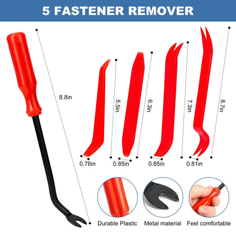 5 fastener removers from 240 Piece Car Bumper Clips And Plastic Rivets Kit With 12 Popular Sizes And 5 Fastener Removers shown with dimensions