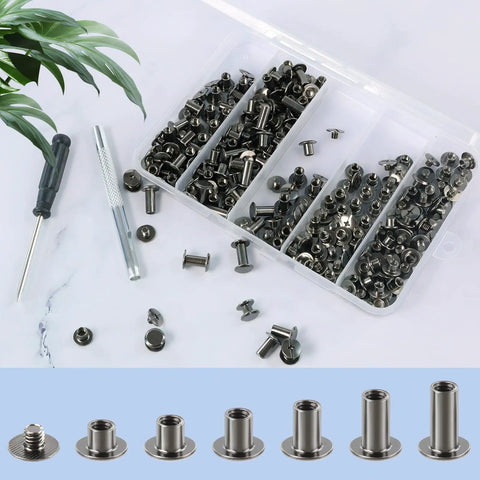 122 Pack Leather Chicago Screw Kit Set In Six Sizes For DIY Leathercraft Bags Clothes Jackets Belts And More Includes M5 To M12 Screws Rivets And Hardware For Quick Easy Assembly And Durable Hold