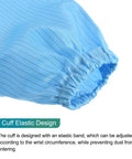 Kickass Anti Static ESD Lab Coat Engineered For The Daily Grind Featuring Conductive Polyester Weave That Slaps Electrostatic Buildup Cold With Reliable Cuff Lapel Collar Seal Flat Out Legit Industrial Wear For Lab And Plant Crews Unisex Blue cuff elastic design detail, showing adjustable band and blue striped fabric.