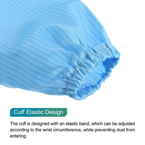 Kickass Anti Static ESD Lab Coat Engineered For The Daily Grind Featuring Conductive Polyester Weave That Slaps Electrostatic Buildup Cold With Reliable Cuff Lapel Collar Seal Flat Out Legit Industrial Wear For Lab And Plant Crews Unisex Blue cuff elastic design detail, showing adjustable band and blue striped fabric.
