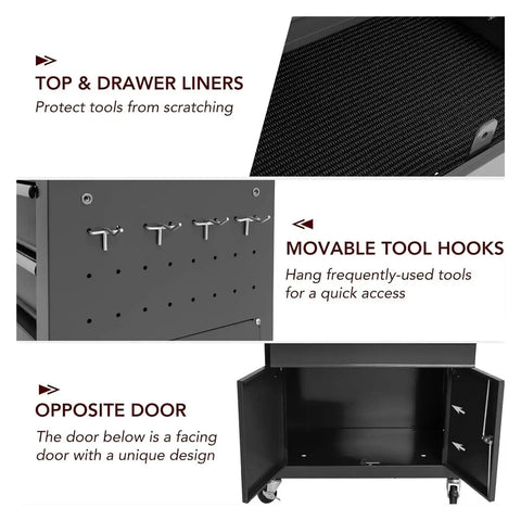 Beefed Up Rolling Toolbox With 8 Drawers And Detachable Top Box Mobile Steel Tool Storage interior features, hooks, liners, doors view