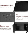 Rolling Tool Chest With 8 Drawers And Detachable Top Toolbox, Mobile Steel Tool Storage Organizer On Wheels For Warehouse, Workshop, And Garage, Includes Side Hooks And Drawer Liners. Open lower cabinet and tool hooks