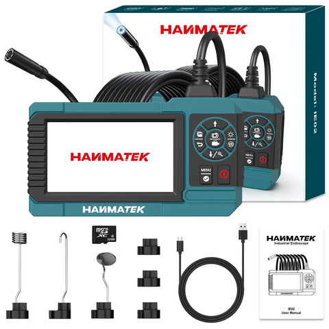 1080P Industrial Endoscope With 4.3 Inch TFT Screen 16.5ft Flexible Cable 8mm Camera Adjustable LED Lights 1 Million Pixels Photo Video Recording USB C Charging, front view with accessories