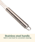 Close-up of the handle of the 16.5-Inch Long Handle Stainless Steel Grill Cleaner Brush And Scraper for BBQ Griddle and Outdoor Grills, showing hook.
