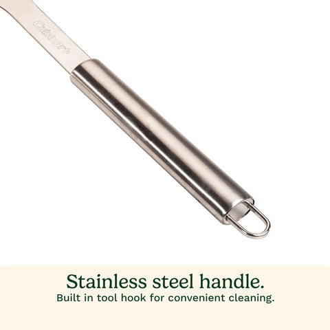 Close-up of the handle of the 16.5-Inch Long Handle Stainless Steel Grill Cleaner Brush And Scraper for BBQ Griddle and Outdoor Grills, showing hook.