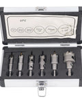 Jiawu Heavy Duty 6 Piece Hole Saw Kit With Triple Blade Design For Tough Stainless Steel And Wood Cutting Drilling Tools Range From 16 To 35 Mm Ultimate Drill Set open case with six hole saw bits