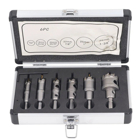 Jiawu Heavy Duty 6 Piece Hole Saw Kit With Triple Blade Design For Tough Stainless Steel And Wood Cutting Drilling Tools Range From 16 To 35 Mm Ultimate Drill Set open case with six hole saw bits