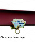 Heavy Duty I Beam Trolley For Self Retracting Lifeline Use With Fixed Rotating D Ring Mounts on red I-beam