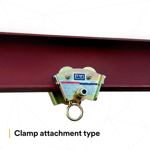 Heavy Duty I Beam Trolley For Self Retracting Lifeline Use With Fixed Rotating D Ring Mounts on red I-beam