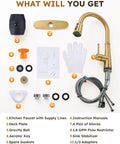 Kitchen Faucets with Pull Down Sprayer,WOWOW Gold High Arc Single Handle Classic Stainless Steel Sink Faucet 1 or 3 Hole, Pull Out Kitchen Faucet with Deck Plate & 3 Functions accessories layout including faucet, deck plate, and hoses.