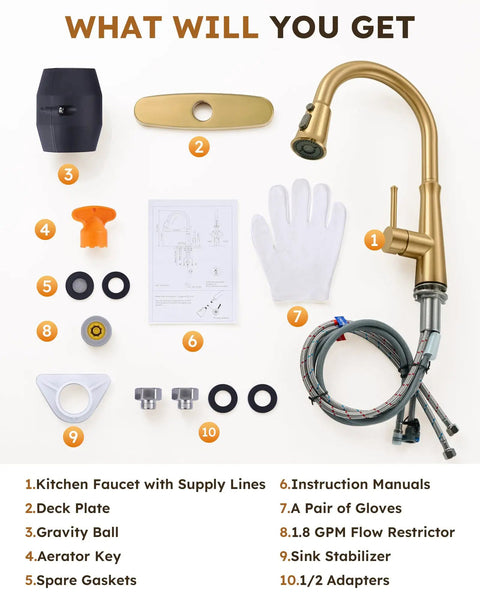 Kitchen Faucets with Pull Down Sprayer,WOWOW Gold High Arc Single Handle Classic Stainless Steel Sink Faucet 1 or 3 Hole, Pull Out Kitchen Faucet with Deck Plate & 3 Functions accessories layout including faucet, deck plate, and hoses.