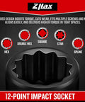 Diagram of 12-point impact socket showing hex, double hex, square, star, spline designs for Three Eighths Inch Drive 12 Point Impact Socket Set With Deep And Shallow Sockets, 74 Piece SAE From Five Sixteenths To Three Quarters And Metric Eight To Twenty Two Millimeters, Color Ring, 72 Tooth Ratchet Tool Kit, Cr V With Heavy Duty Case