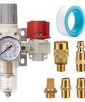 Pneumatic Air Compressor Filter Regulator Combo One Quarter Inch NPT 0 To 120 PSI Range with brass connectors and tape