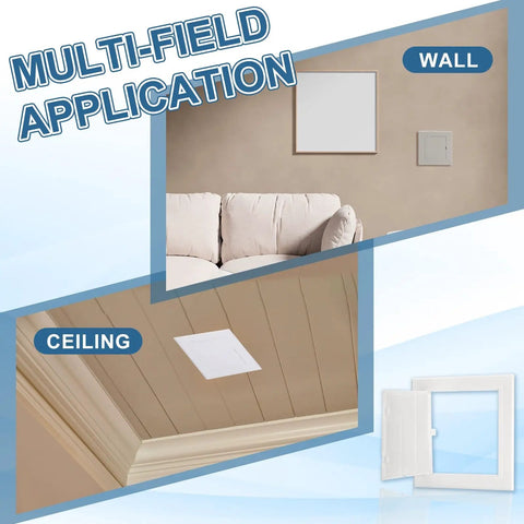 Sturdy White Abs Plastic Drywall Access Panel Fits 7 By 7 Inch Openings with double sided tape shown on wall and ceiling.