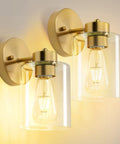 Brushed Gold Wall Sconces Set Of Two With Clear Glass Shades, Modern Brass Vanity Lights For Bathroom, Premium Dual Sconce Wall Lamps