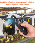 Upgraded Pet Microchip Scanner With 256 Data Storage used in a farm setting to scan cattle, handheld close-up view
