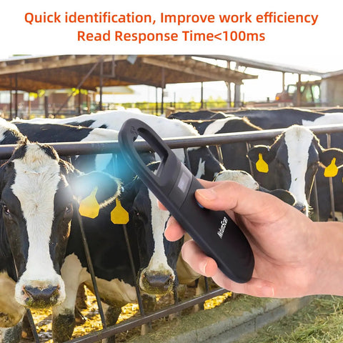Upgraded Pet Microchip Scanner With 256 Data Storage used in a farm setting to scan cattle, handheld close-up view