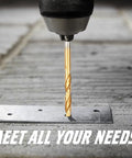 Titanium Coated Drill Bit Set 99-Piece High Speed Steel Twist Bit Kit in use, drilling metal